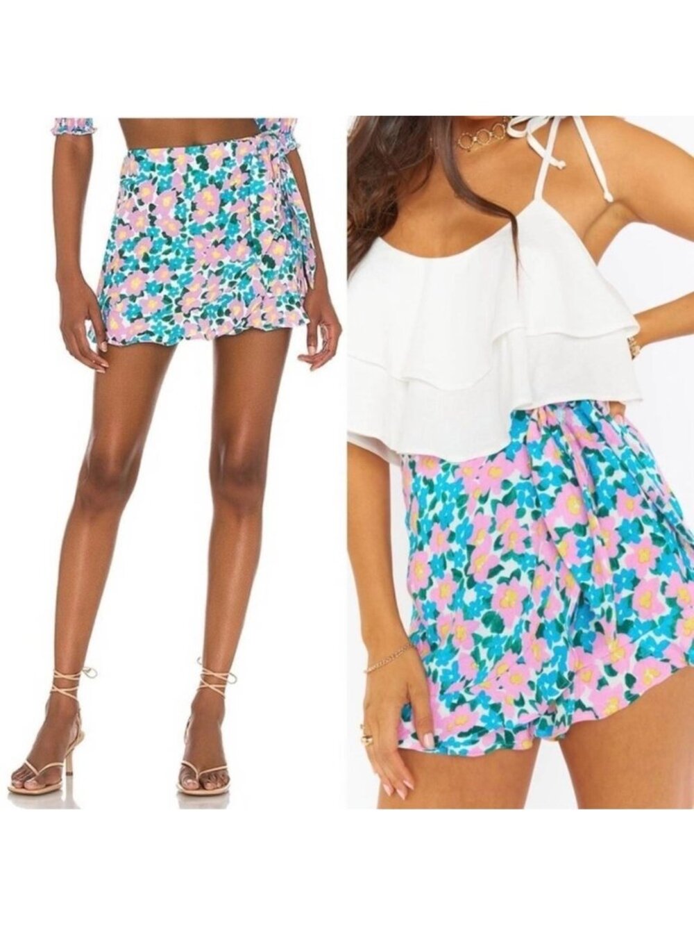Show Me Your Mumu Womens Floral Ruffled Wrap Shorts XS Pink/Blue